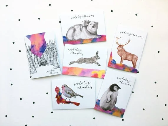 welsh christmas greeting card cardiau nadolig llawen cymraeg recycled eco pecyn pack mixed polar bear stag deer colourful red robin hare penguin