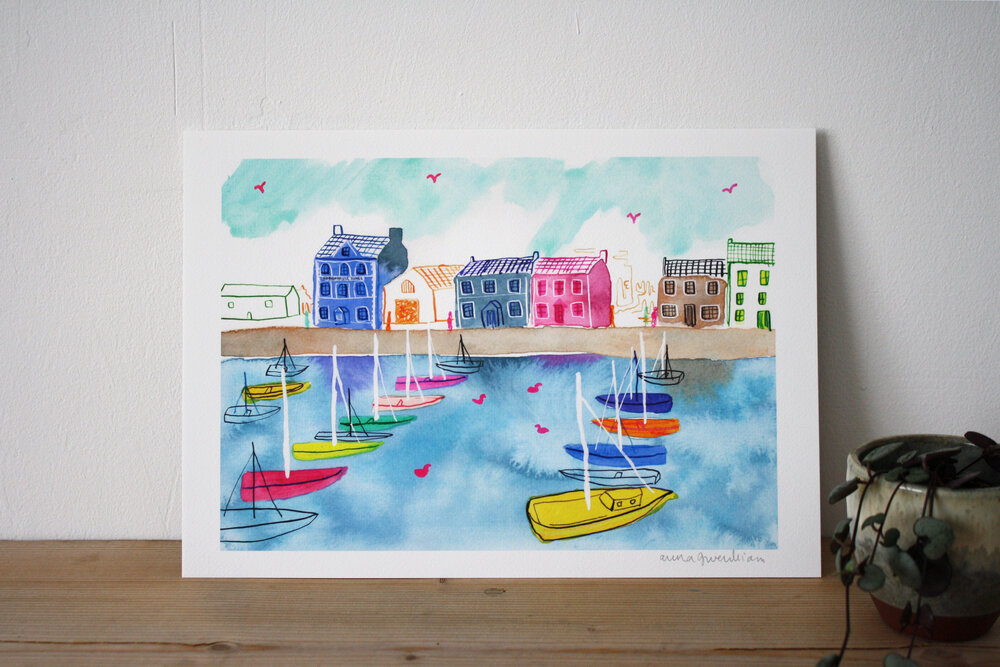 aberaeron print harbourmaster harbour harbwr docks ceredigion cymru wales print artwork illustration painting watercolour colourful