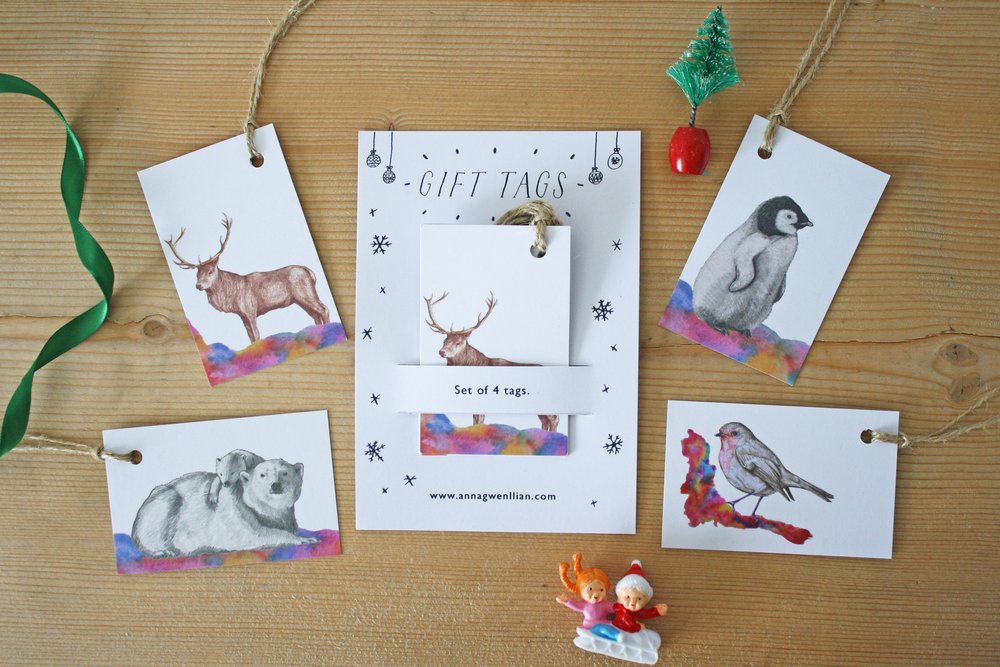 christmas gift tags stag polar bear penguin robin colourful illustration welsh