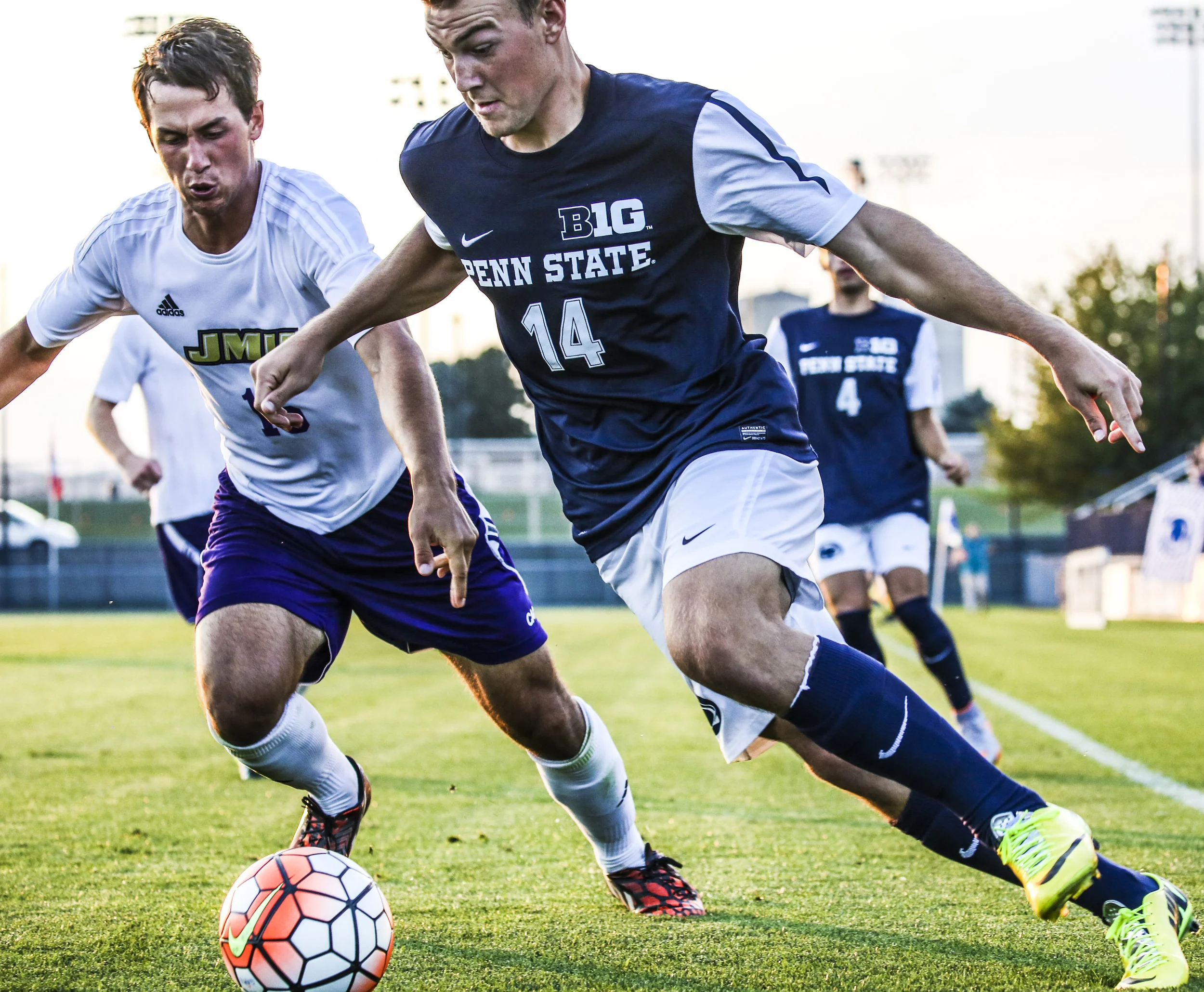  Penn State's forward, Mac Curran (14), takes control of the ball while moving forward to the gate during the game against James Madison Univeristy on Sept 8, 2015. 