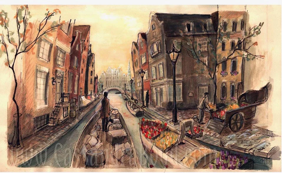 Amsterdam Canal: Ink & Watercolor on paper