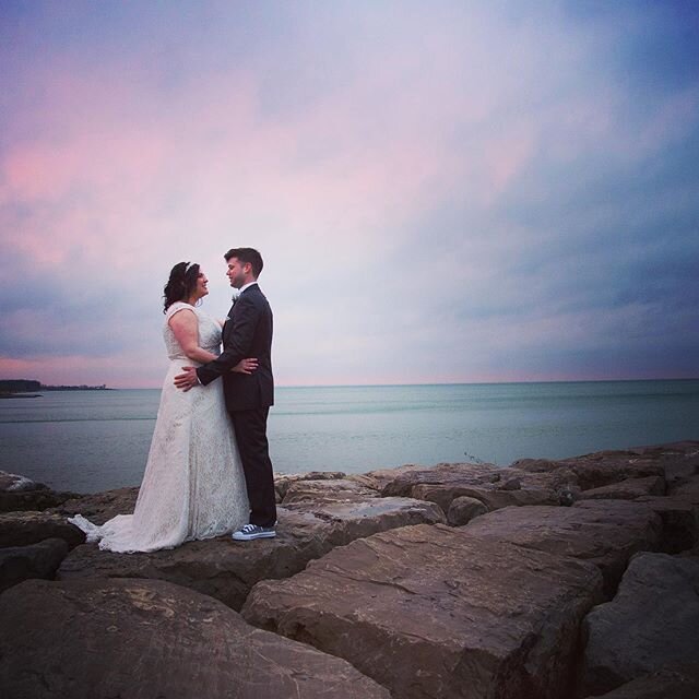 Throw back to this beautiful sunset and these beautiful people 💜 @daniellasaurusrex #sunset #january #winter #wedding #ontario #canada #lake #sky #rocks #ido #justmarried #husband #wife #love #colour #romantic #igers #photo #photography #photographe