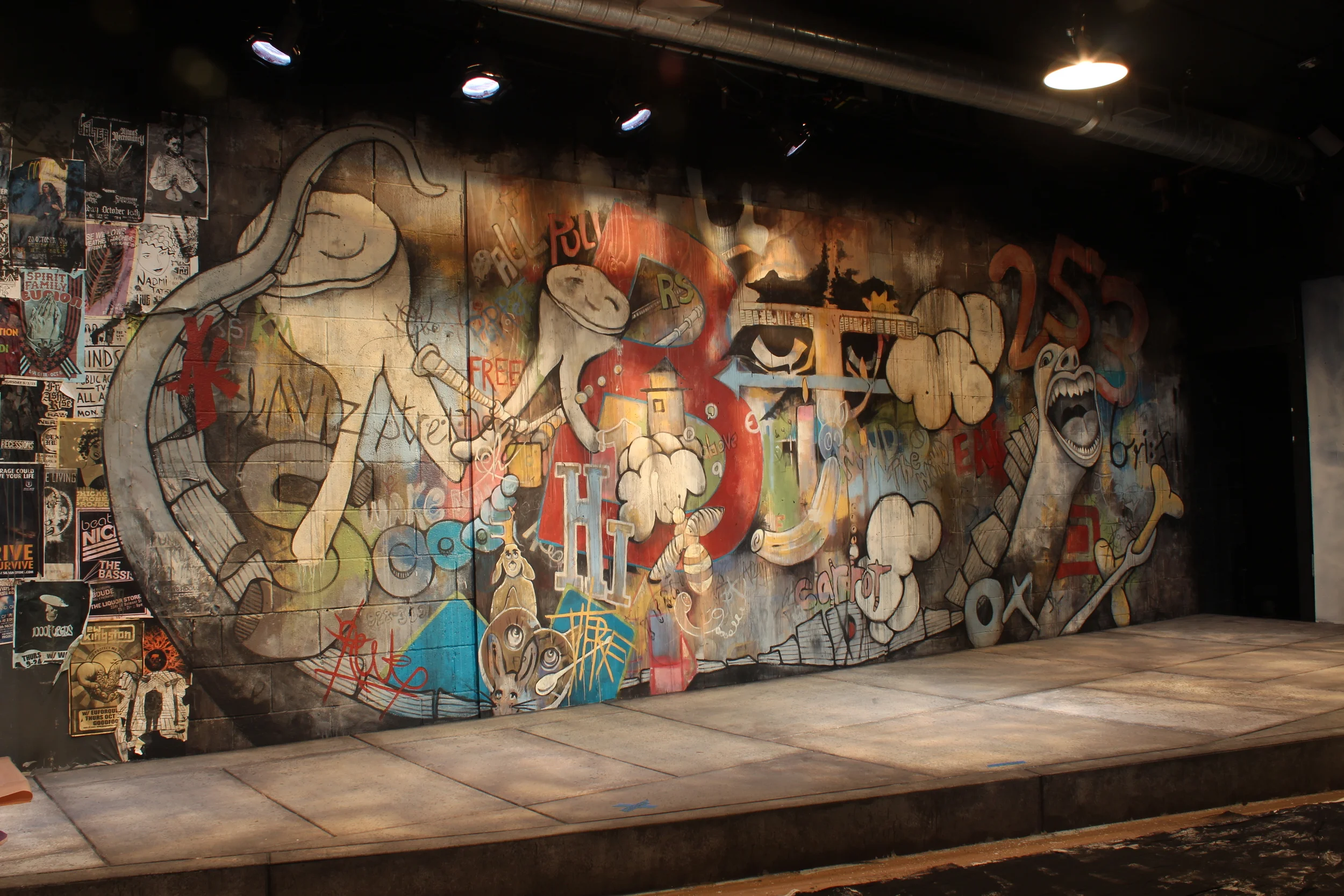 I won a Drammy for this! Another view of my completed backdrop for Theatre Vertigo's production of The Drunken City. 