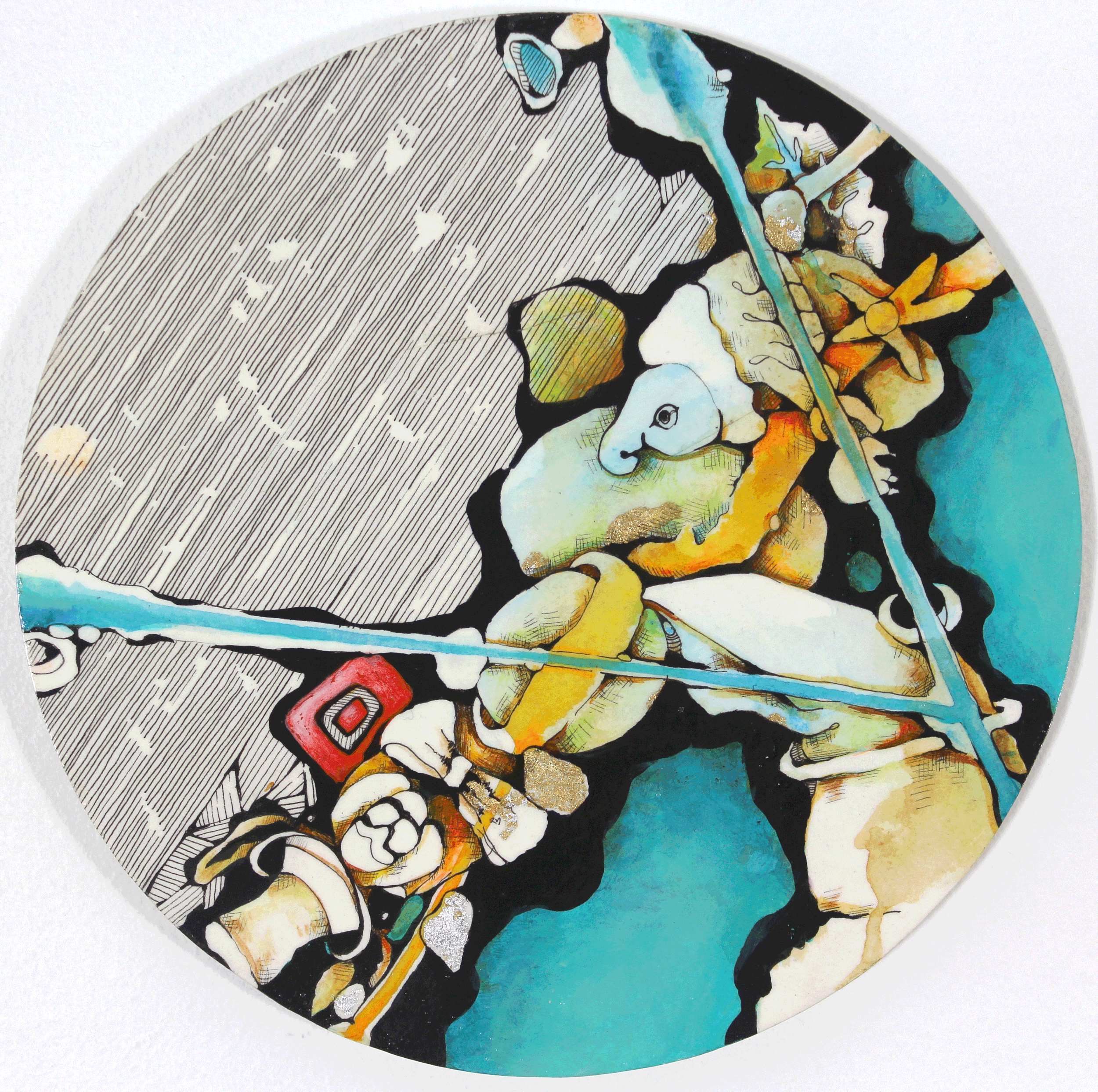 Sky, acrylic/ aluminum leaf/ dutch metal leaf/ ink, 8" X 8"