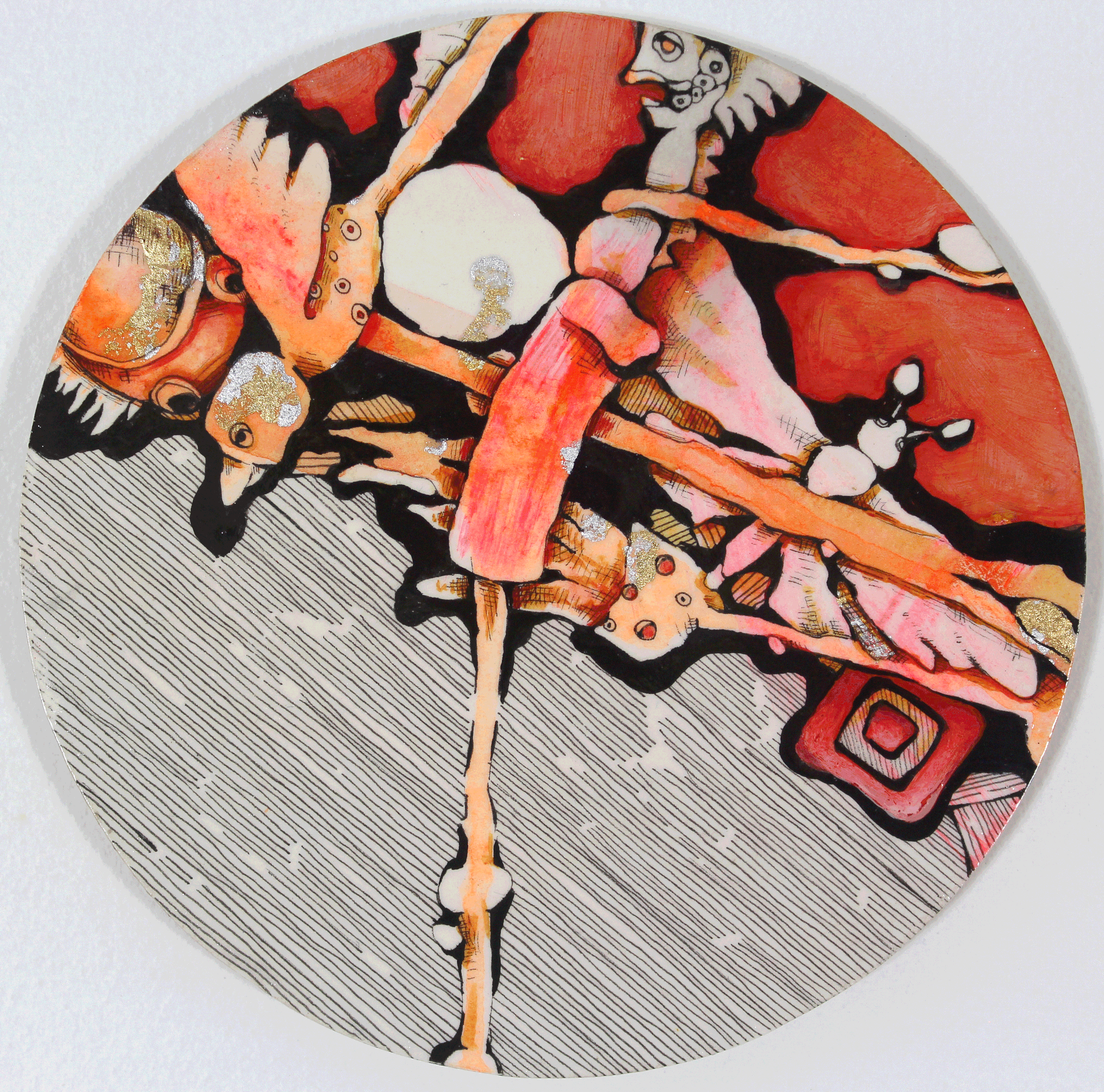 Sunrise, acrylic/ aluminum leaf/ dutch metal leaf/ ink, 6" X 6"