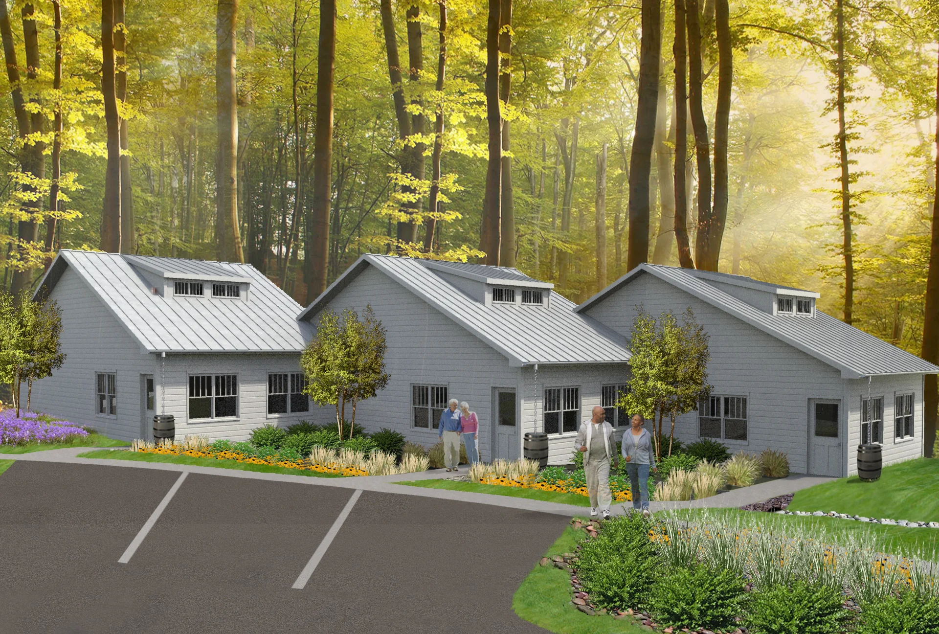 Perspective image of the LID Competition cottages showing the aesthetic value of the rain gardens and native plant material.