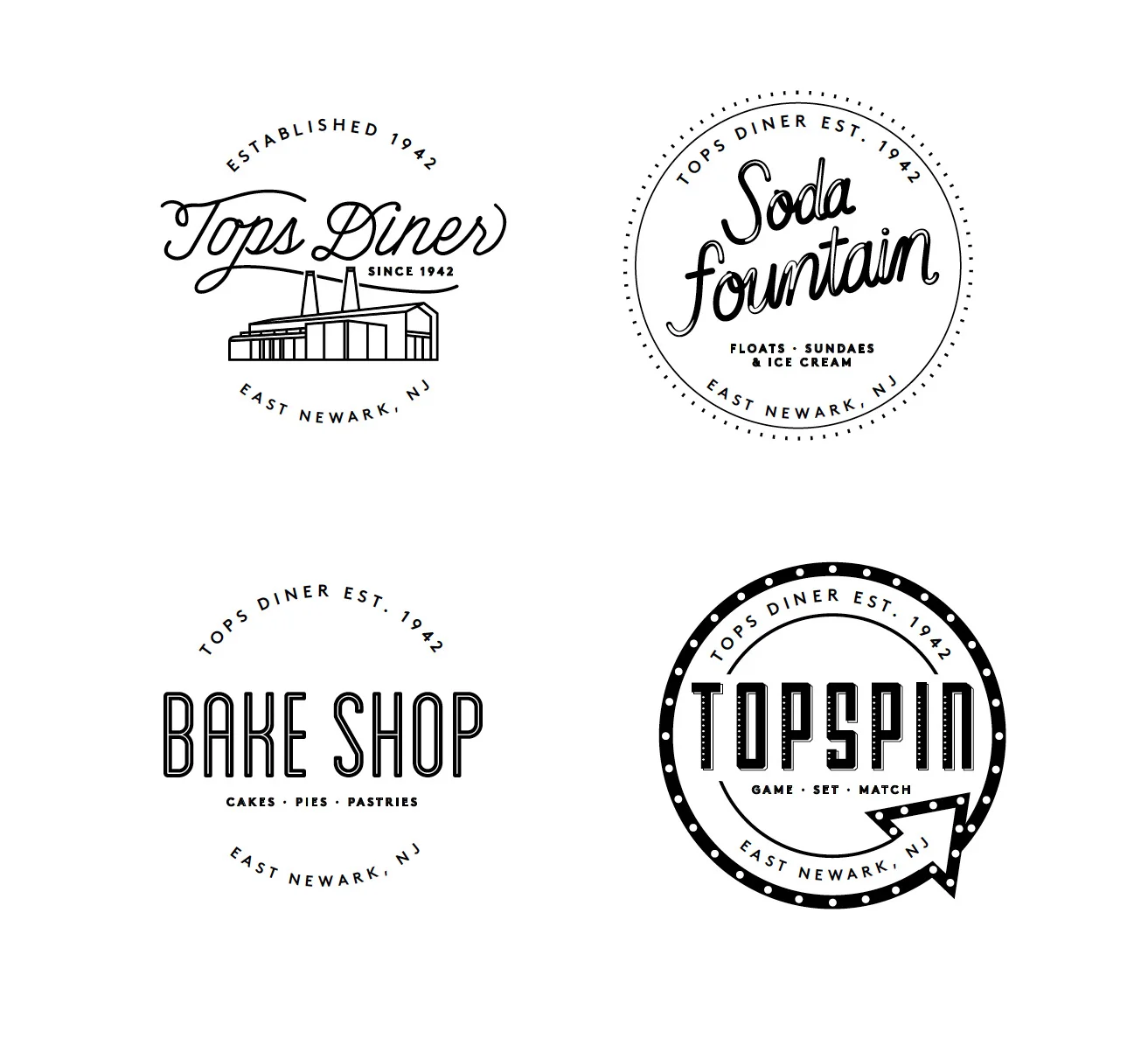 Logos for Tops Diner, Soda Fountain, Bake Shop and Topspin, in New Jersey.
