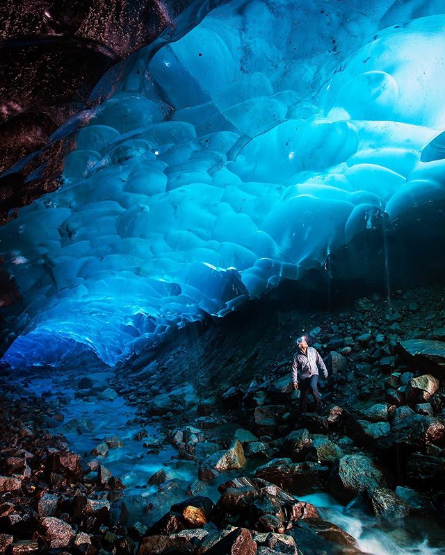 Sending cool vibes to Alaska after the record shattering warm temps last week. This picture was taken years ago under the Mendenhall glacier. Sadly it doesn&rsquo;t look like this anymore.
.
.
.
.
#alaska #icecave #exploremore #glacier #climatechange