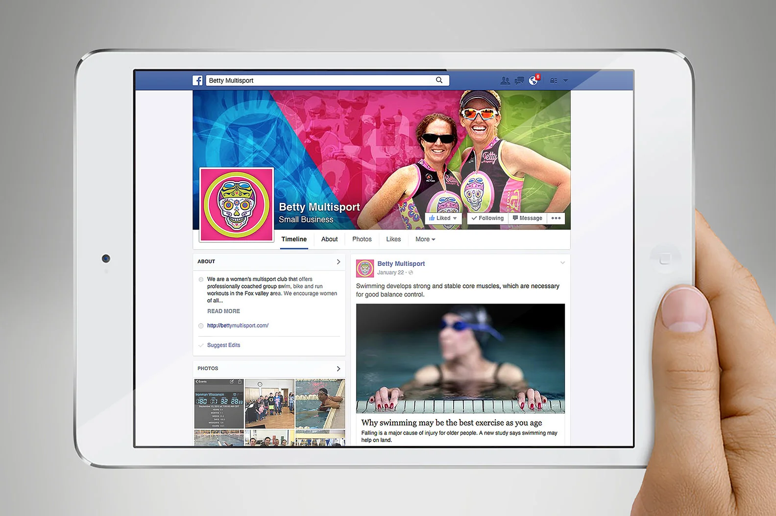 The identity I designed for them was carried over to their Facebook page and triathlon unitards (below) and other merchandising items, all of which helped increase visibility, drive business and build their brand.