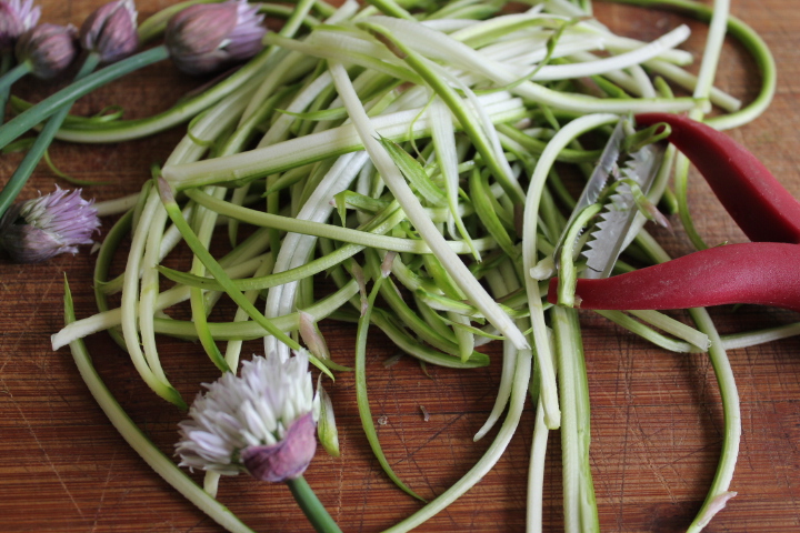 Red tool used to julienne asparagus.