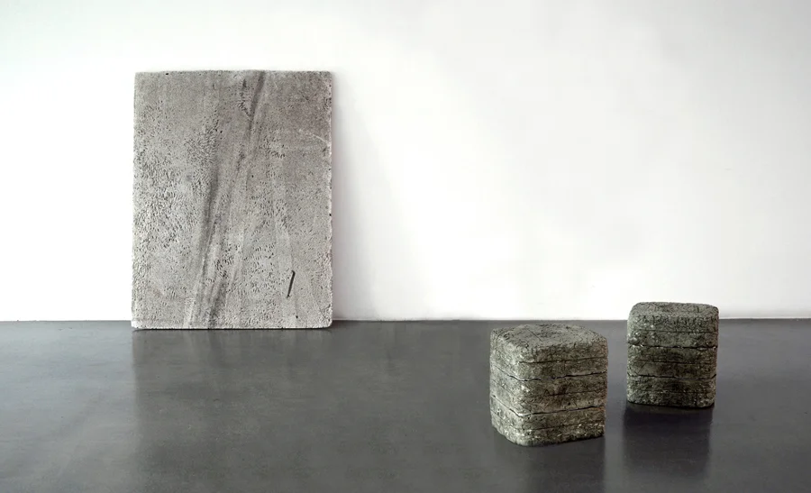 Untitled (Part of The Thanatosis of Objects series ) 2011 Polystyrene panel, rubber & aluminium cubes Dimensions variable