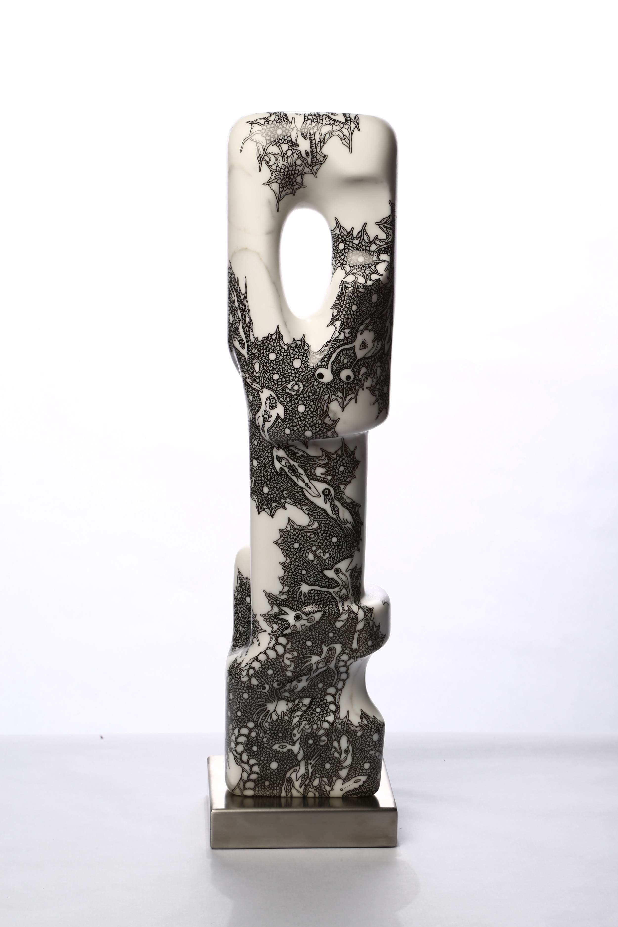   Collaboration between Heras Castan and Miki Yokoyama     Love Totem    Ink on carrara marble 27½” x 6¾” x 7”    