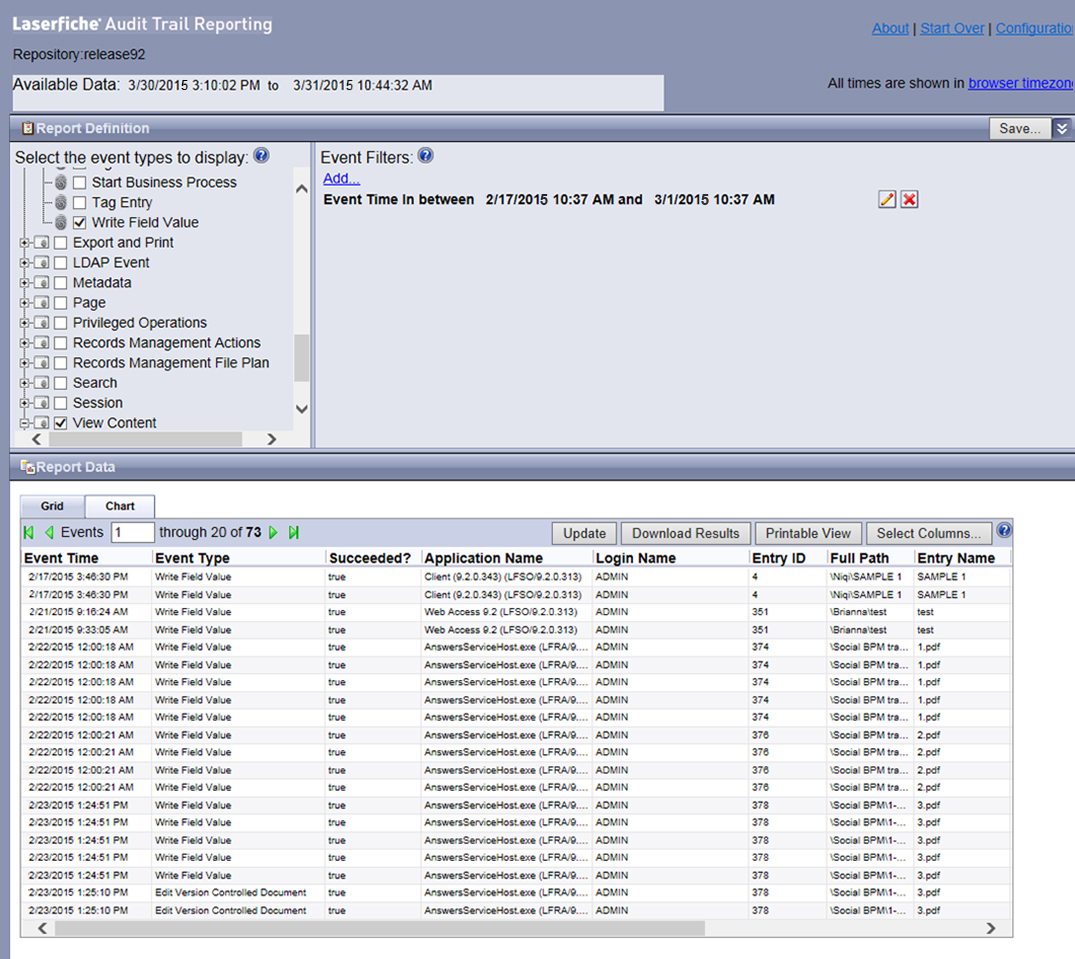 Laserfiche can track every interaction with documents stored in the repository, including document creation, deletion and modification.