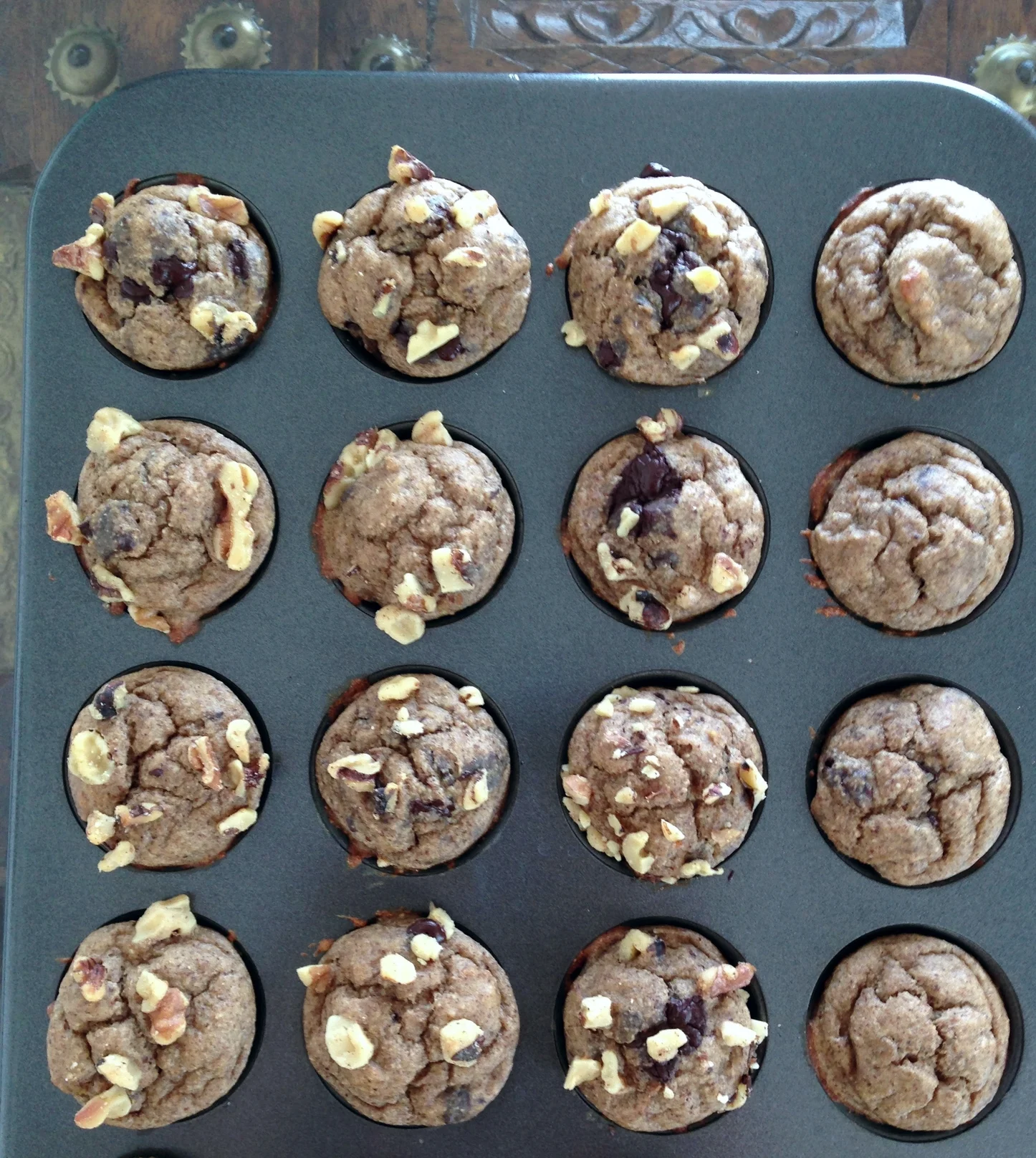 Muffin complete. These dudes have dark chocolate and walnuts. Nom to the maximum. 