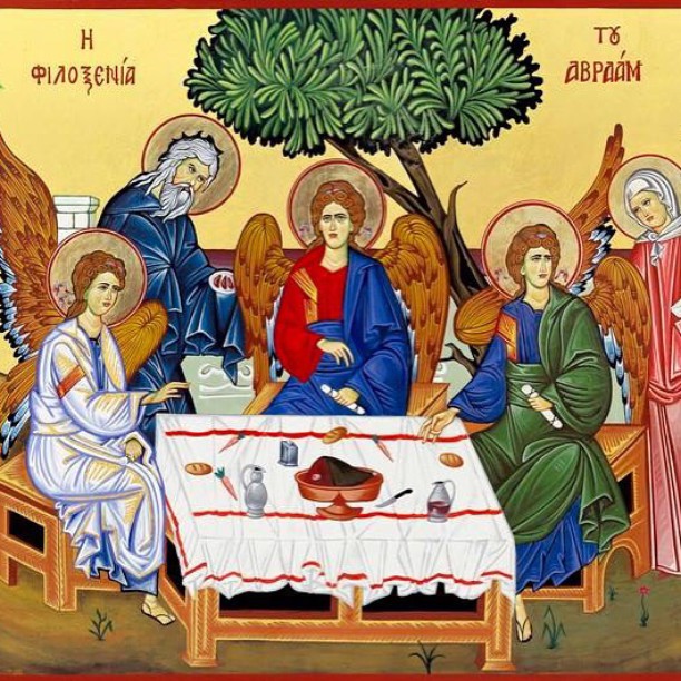 {THE HOSPITALITY OF ABRAHAM}
The Hospitality of Abraham icon depicts the story of Abraham and Sarah&rsquo;s generous hospitality to three visitors (angels) who came to them by the oaks of Mamre, told in Genesis 18.
The Hospitality of Abraham icon is 