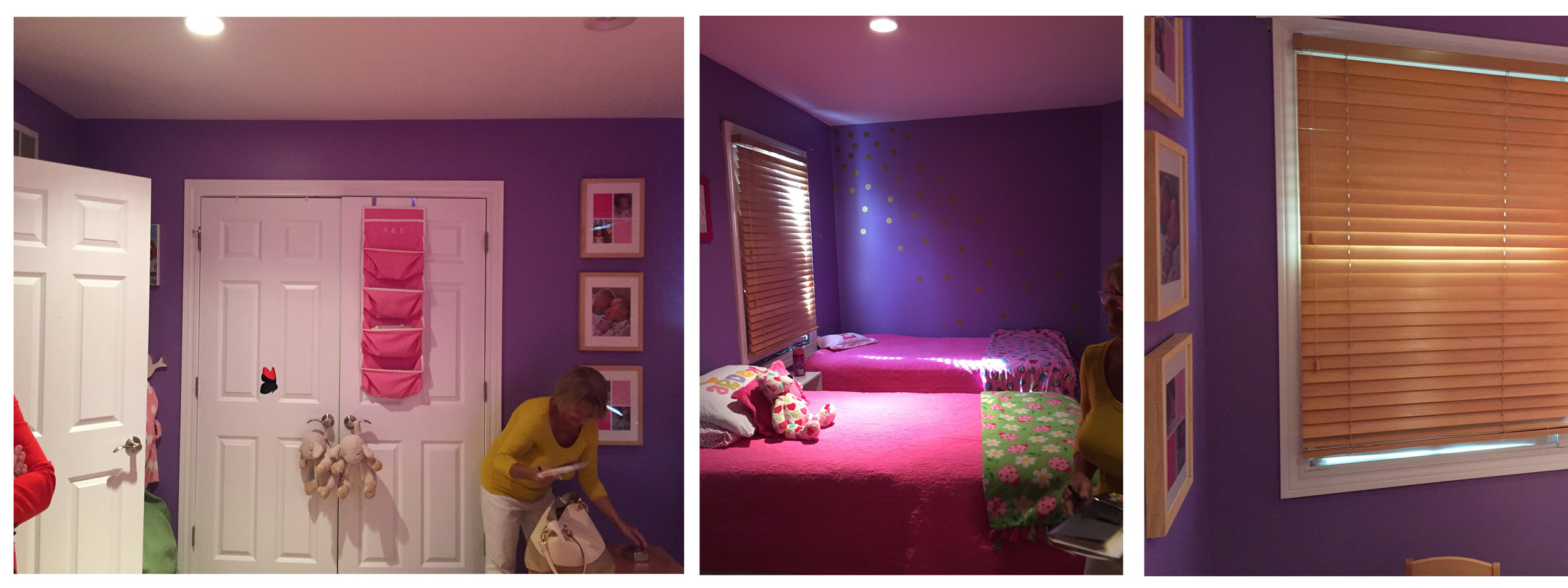 Check out the girls' room before. Purple paint, heavy window coverings made for a dark, drab space. First step was to brighten this up and bring in the natural light! 