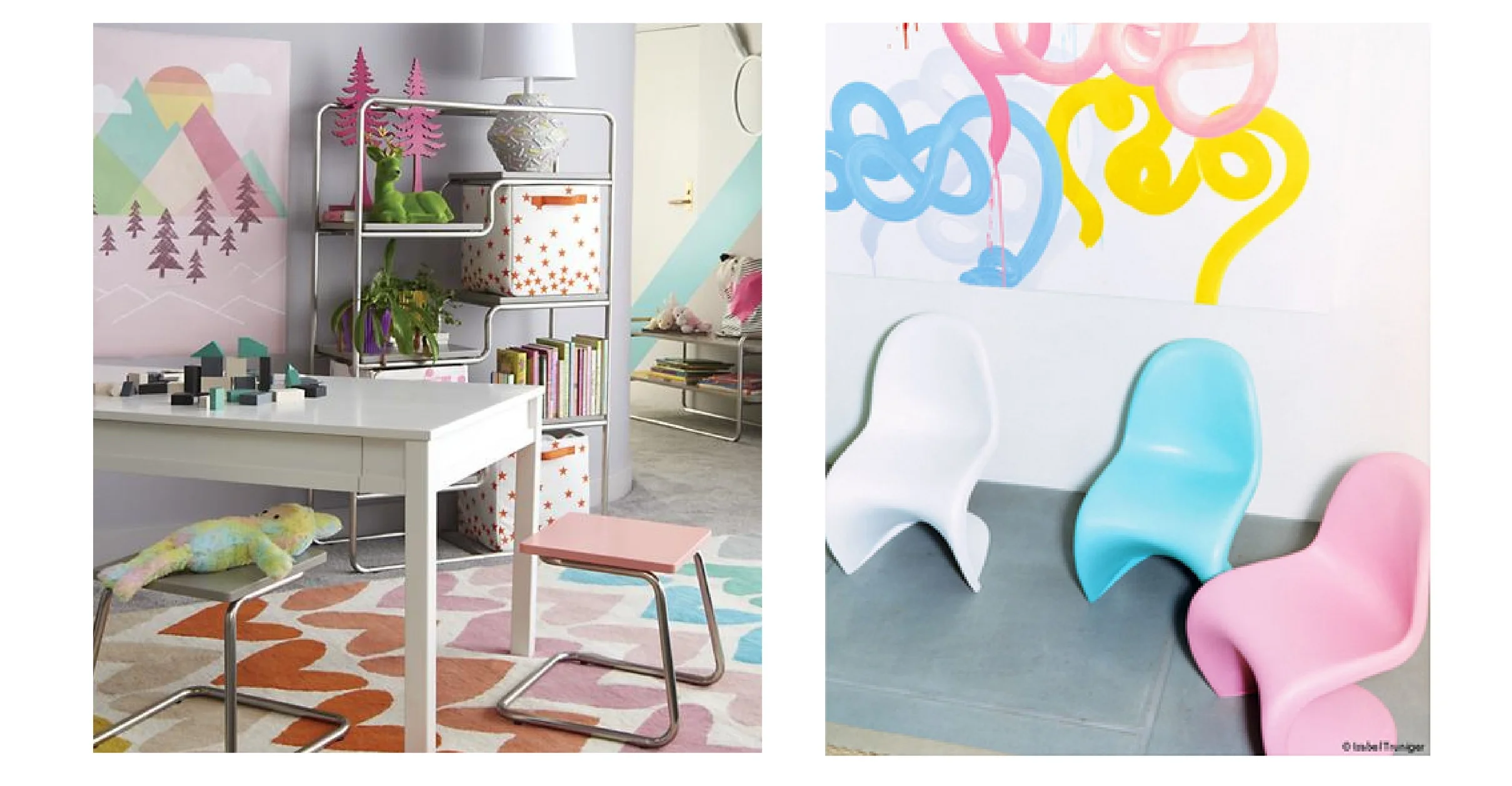 Left: Land of Nod desk and Right: kid's chairs by Vitra. 