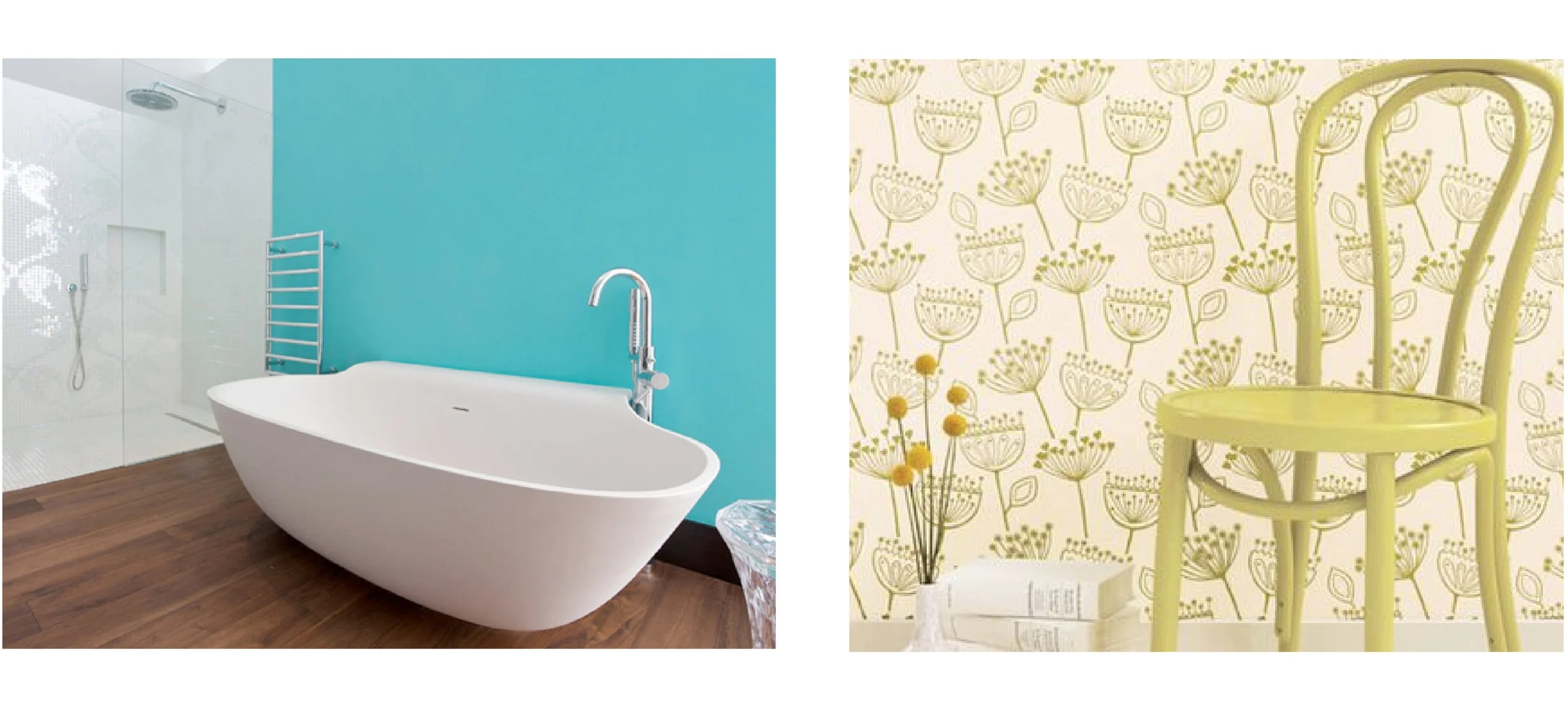 Left: Sherwin Williams Aquarium and Right: Romo's Cherry Garland Wallcovering. 