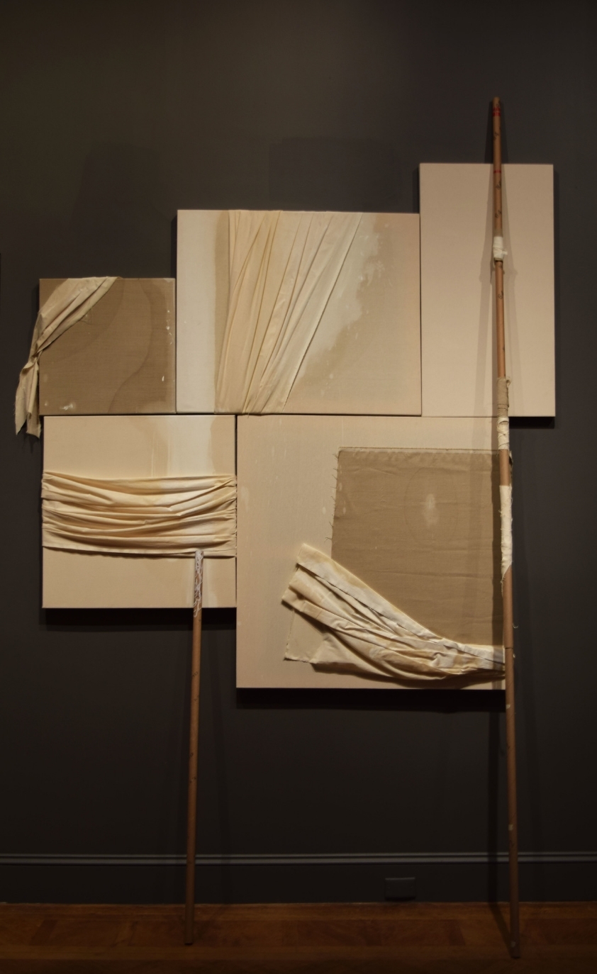 Now it's a painting , 2014, Canvas, linen, muslin, cardboard, pins, oil, glue, dimensions variable.