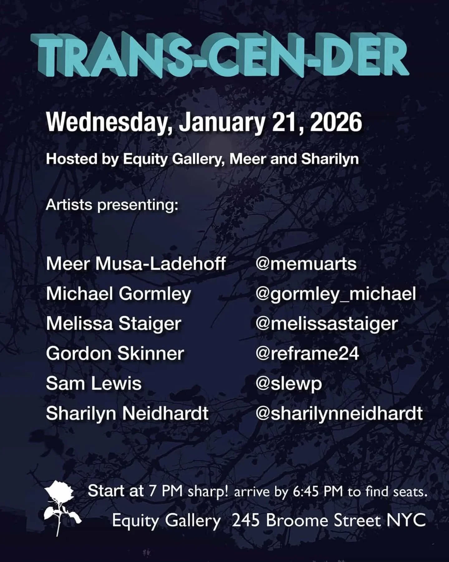 You are invited on Jan 21 to hear us talk about our artwork, hosted by @transcenderart ! @memuarts @gormley_michael @melissastaiger reframe24 @slewp @sharilynneidhart at Equity Gallery!