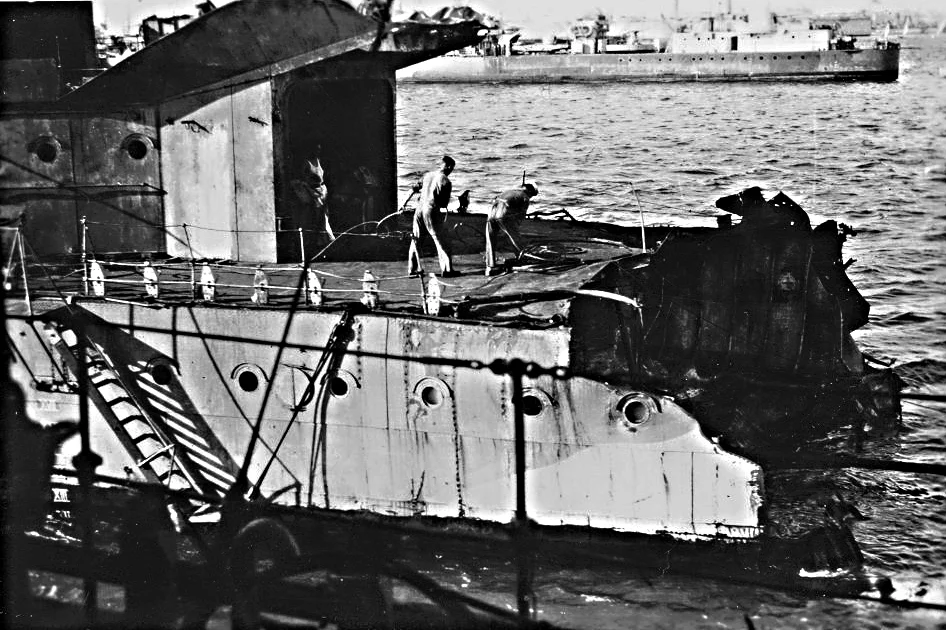 Tail-end Charlie ... HMS Nubian in Alexandria Harbour after losing her stern to a bomb while on the screen for HMS Formidable. Another "N"-class destroyer is passing in the background.