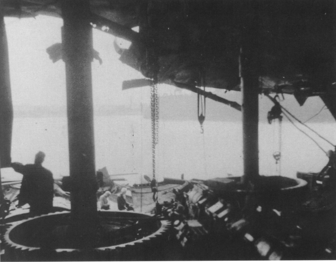 Opened to the elements ... part of the cavernous hole blown in the starboard forward side of HMS Formidable by a 1000kg (2200lb) bomb.