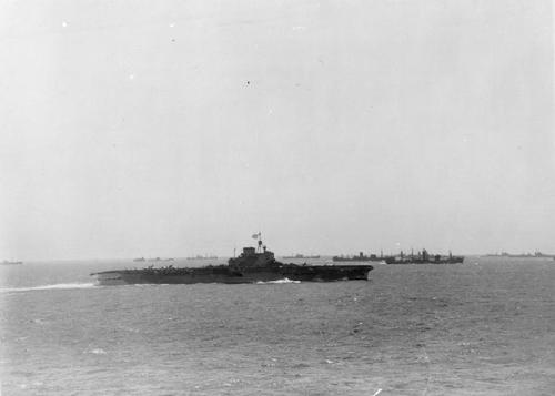 Preliminary movements: 3 - 10 August 1942: HMS VICTORIOUS underway with the convoy. The tanker OHIO can be seen off VICTORIOUS' starboard quarter.