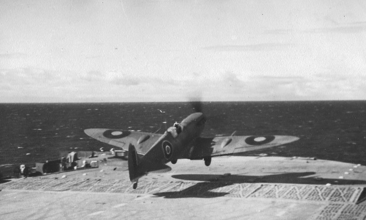 A Spitfire taking off from HMS FURIOUS during Operation Bellows.