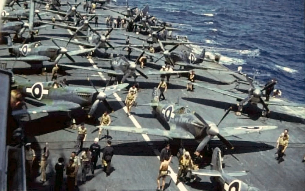 HMS INDEFATIGABLE'S Seafires arranged on deck.