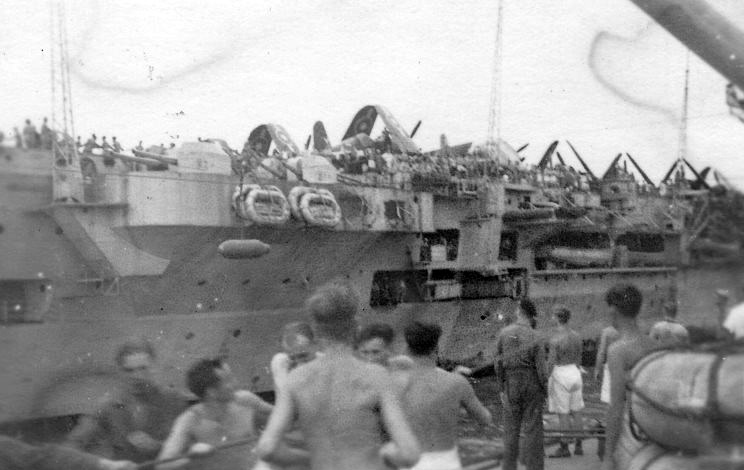 HMS Formidable's aft flight deck as seen from HMS Euryalus during an underway replenishment operation during the British Pacific Fleet's deployment off Sakishima Gunto.