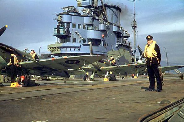For the cameras ... A publicity shoot aboard HMS Indomitable.