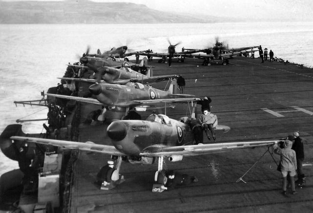 Seafires aboard HMS HUNTER. Note the "slipper" fuel tanks under the fuselage.