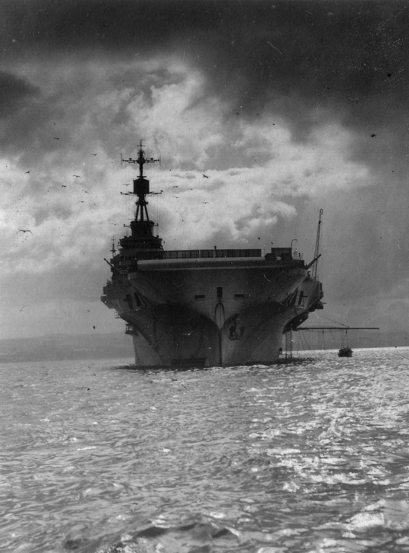 HMS Implacable bow-on.