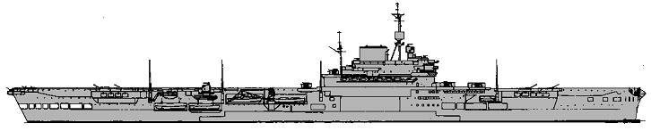 INDOMITABLE identifying features. Higher freeboard than Illustrious, Formidable, Victorious. Rear 4.5in mount sponsons shallower than the similar height IMPLACABLE class. No prominent "tube-like" containers for the forward directors behind the S1 and S2 pom pom mounts. The 4.5in mounts have the slightly raised profile f earlier Illustrious types, not the flush-fitting roof as with the Implacables. The forward lift is wider than the aft lift (which is the same size as both those on the earlier Illustrious-class ships).