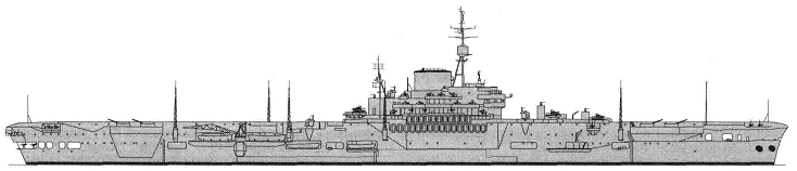 IMPLACABLE class identifying features: Higher freeboard than Illustrious, Victorious, Formidable. Deeper rear 4.5in sponson than Indomitable. Larger stack than the earlier ships, and longer island. Prominent raised "tubes" holding directors behind the S1 and S2 pom pom mounts. Only one pom pom (S3) behind the island. 4.5in gun mounts "flattened" to be flight deck height. Like Indomitable, the Implacables have a wide forward lift and a narrow aft lift. The island directors are one means by which Implacable can be identified from Indefatigable: Indefatigable had her director at the extreme rear of the island while Implacable had hers positioned forward of the after tripod.