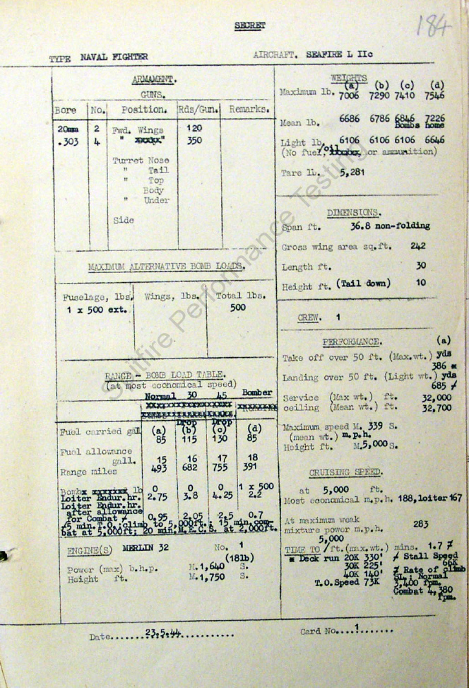 An original Seafire L-IIC performance data sheet. CLICK HERE