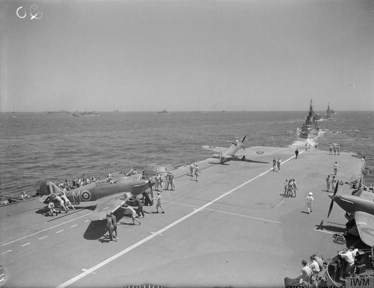 Sea-Hurricanes on the flight deck of HMS INDOMITABLE during Operation Pedestal.