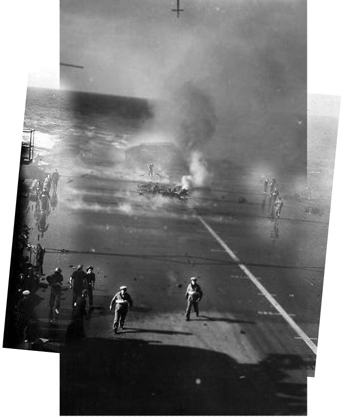 The original 1941 photograph appears to have been lost, leaving only copies of varying quality. All have been cropped to suit the publications they were reproduced for - imposing a horizontal or vertical emphasis and attempting to correct the original image's apparently skewed horizon. The above composite merges the broadest available image (showing the island at the extreme left) with the tallest (showing the smoke plume and shadows amidships - as well as a photographic etch mark at the extreme top edge).