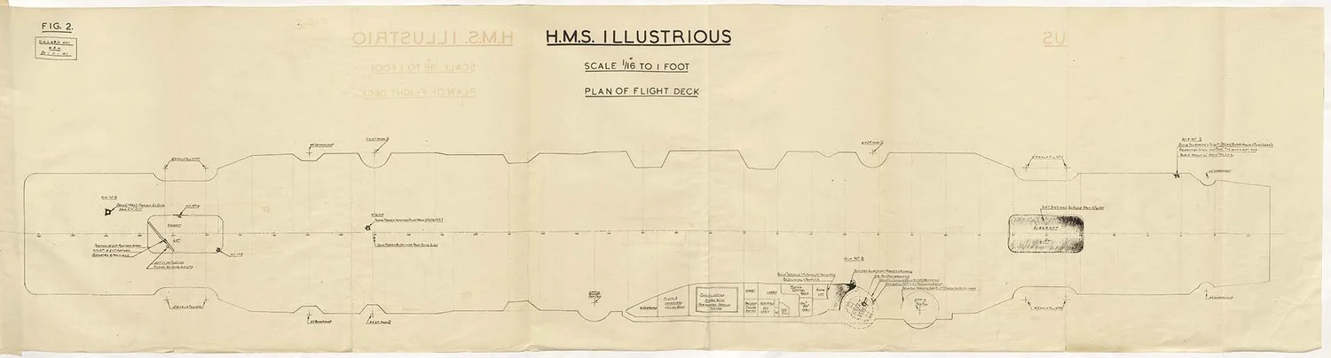 One of the Naval Engineers drawings of the damage sustained by HMS ILLUSTRIOUS. For the full original Damage Report and the accompanying drawings, CLICK HERE