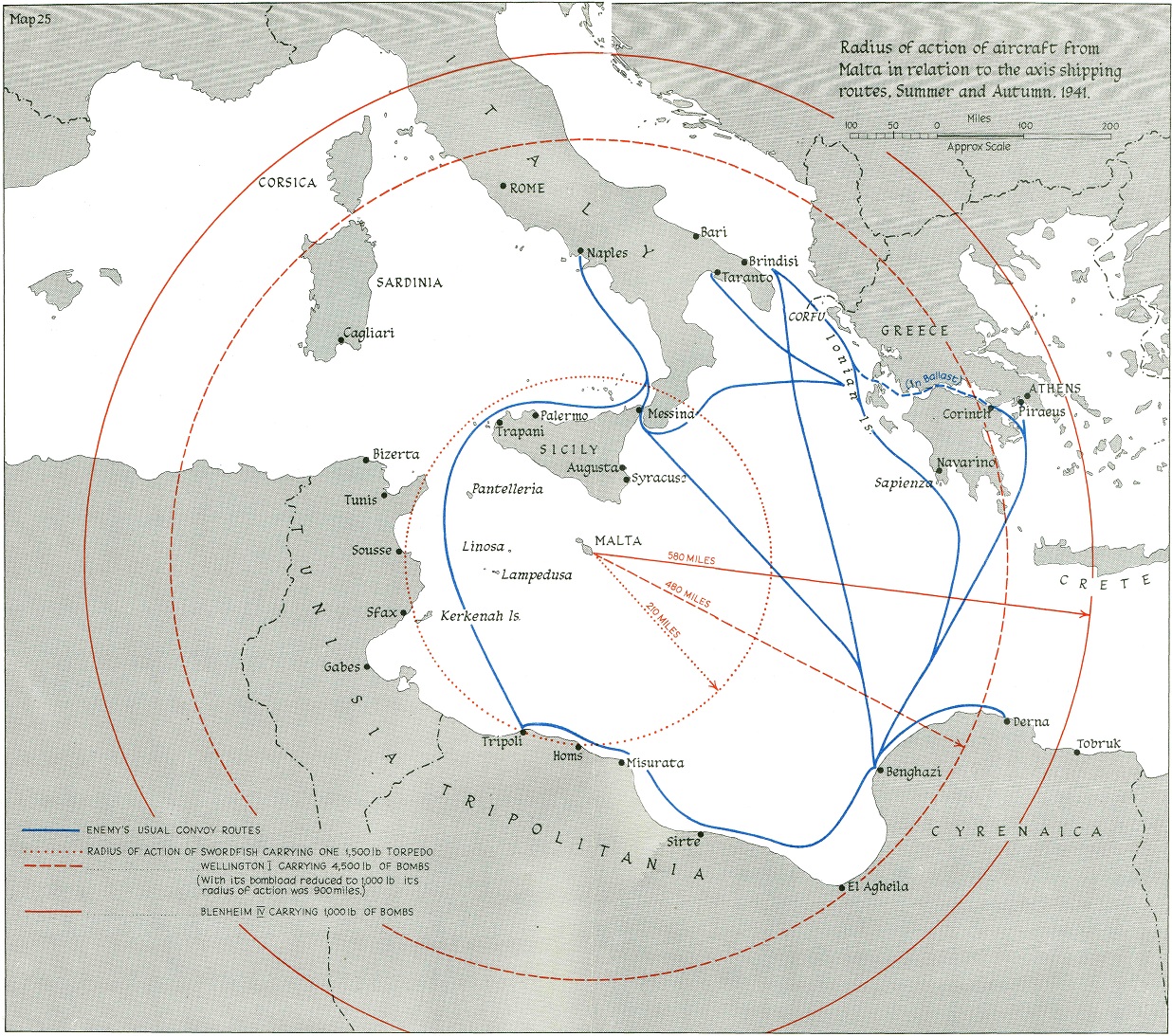 Heart of the matter ... The radius of action for aircraft operating from Malta in 1941.