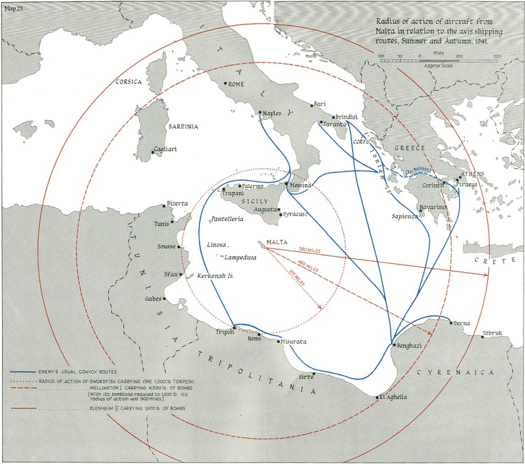 Heart of the matter ... The radius of action for aircraft operating from Malta in 1941.
