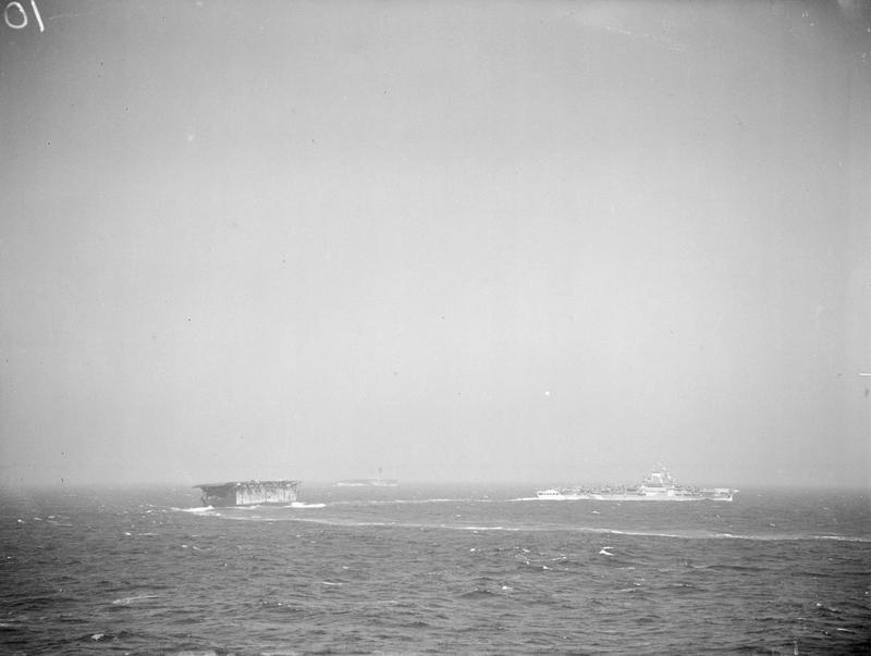 Preliminary movements 3 - 10 August 1942: HMS VICTORIOUS followed by ARGUS, with EAGLE in the distance.
