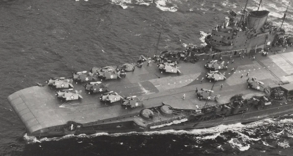Mixed markings ... Avengers and Martlets in a variety of camouflage schemes, though all carrying the USN star, on the deck of 'USS ROBIN' (HMS VICTORIOUS). One colour scheme represents the modified F4F's delivered to British Martlet specifications. The other would denote USN Wildcats from SARATOGA. Which scheme is which ...