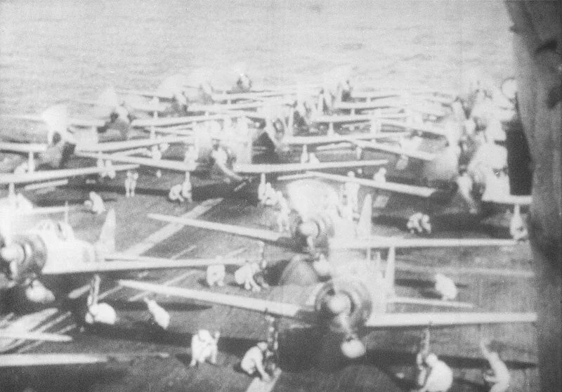 Aircraft ranged on Akagi's deck ready to strike at the heavy cruisers Cornwall and Dorsetshire, April 5, 1942.