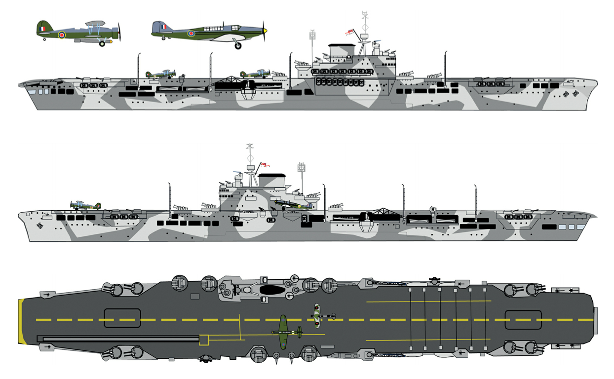 HMS Illustrious wore this MS4a pattern applied over the previous overall B6 at the time of the January 10 1941 attack. While the pattern was very similar on both sides, the port side appears to have incorporated more curves. The deck was 507a and the markings dull yellow. By January 10 the broken flight deck centre line had been painted into a solid stripe. I have seen no evidence that the forward round-down of the flight deck was ever painted yellow. Source: British and Commonwealth Warship Camouflage of WWII, Volume 2, Battleships and Aircraft Carriers, by Malcolm Wright