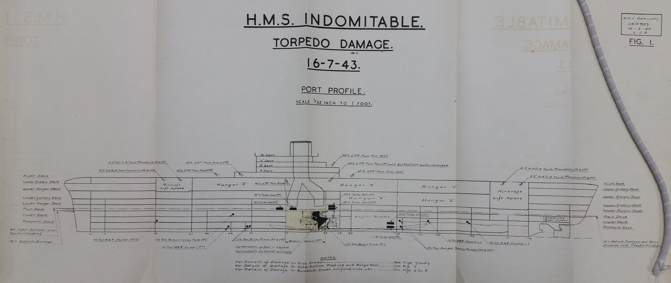 HMS INDOMITABLE's official damage report diagram for the effects of the torpedo impact of July 16, 1943. Click the image to see a larger view.