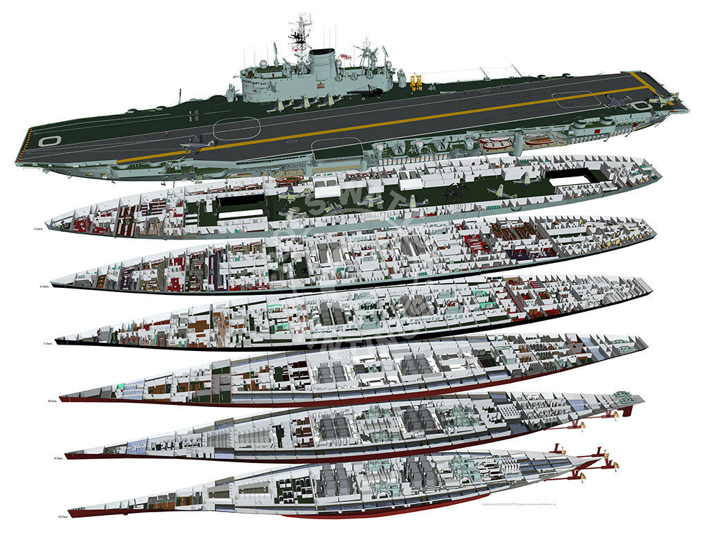 Click on the above image to be taken to the original artist's web site. The cutaway shows HMS Ark Royal, completed to a more modified design than Eagle. The flight deck arrangement had been adapted to accommodate an angled flight deck and a side lift. Its underlying arrangement is still evident, however.
