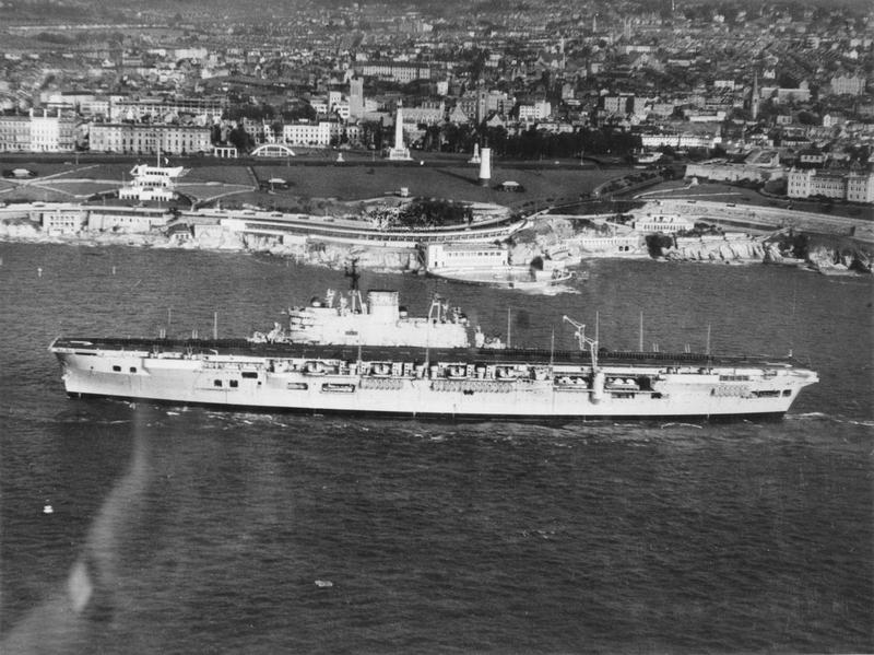 Audacious class aircraft carrier HMS EAGLE underway off Southsea.