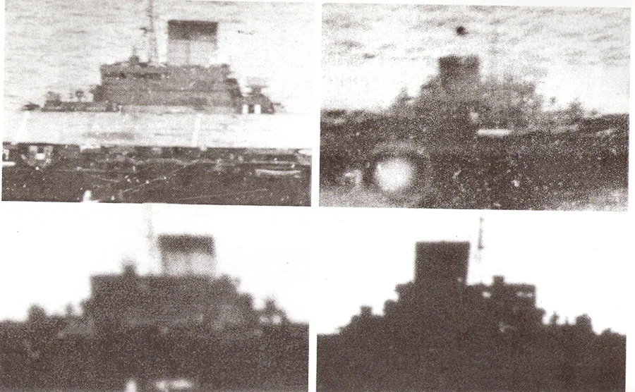 A composite from four of the handful of known images of Taiho, close-up on the bridge structure.