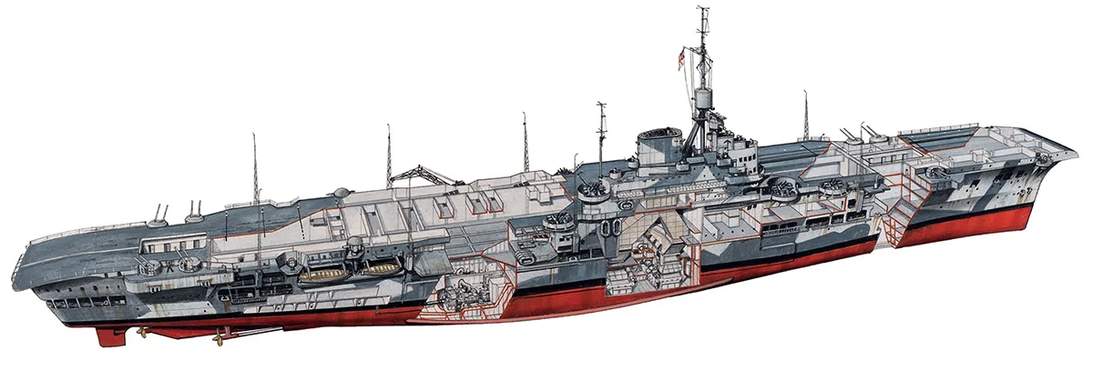 Source: British Aircraft Carriers 1939 - 1945 (New Vanguard) . Click on the image for an enlarged view. Illustrious is shown here in her January 1941 camouflage scheme.